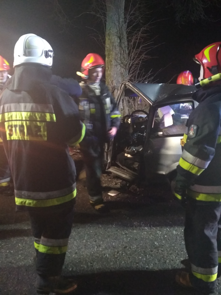 Auto uderzyło w drzewo. Strażacy wycinali poszkodowanego ZDJĘCIA