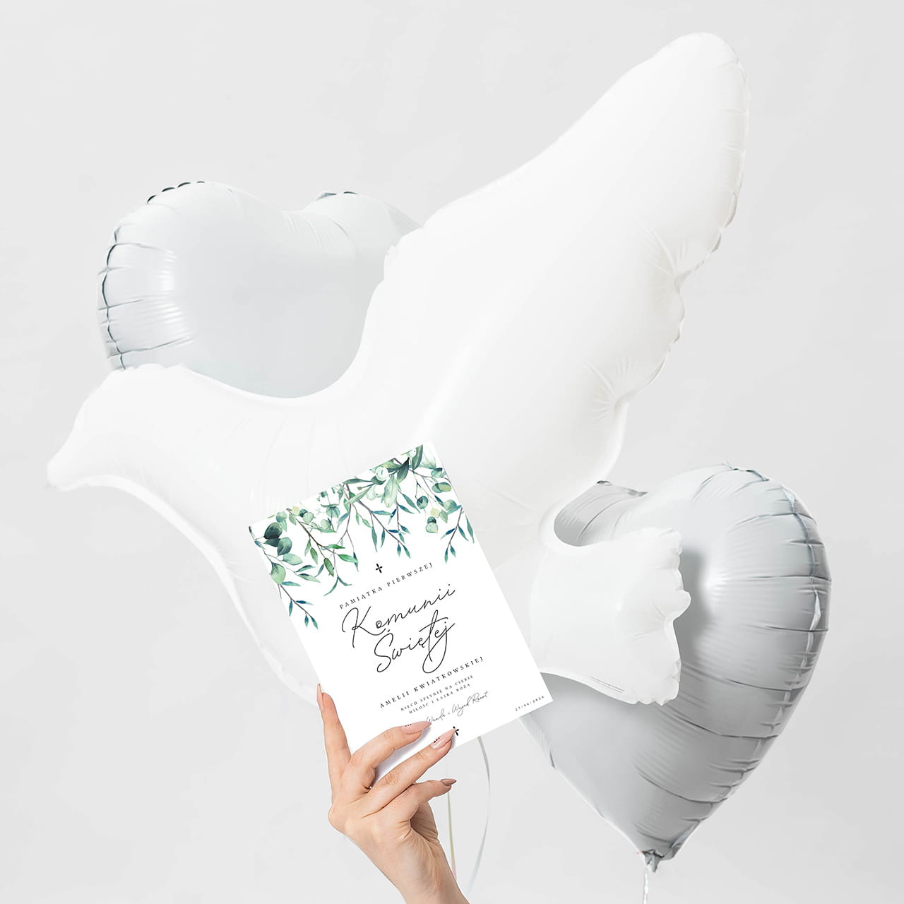Kartka i balony z helem w pudełku PREZENT NA PIERWSZĄ KOMUNIĘ
