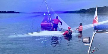 Wywrócona łódź, dwie osoby w wodzie