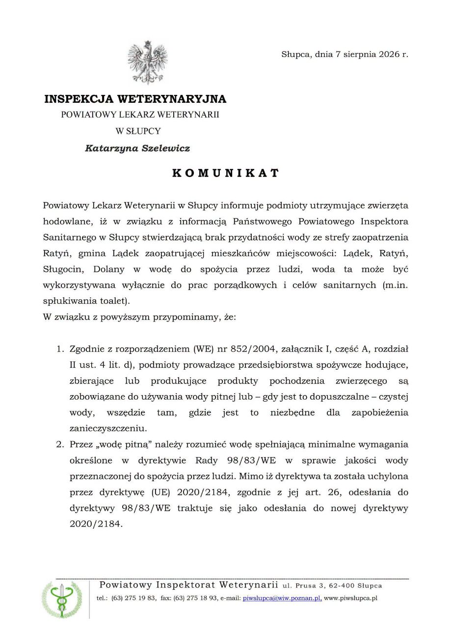 KOMUNIKAT dla właścicieli zwierząt gospodarskich – ograniczenia w użytkowaniu wody dla zwierząt